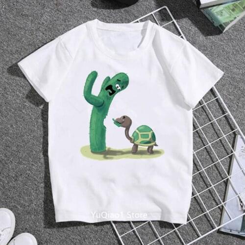 Funny Cactus Turtle Cartoon Print Kids Tshirt Summer 2021 Comfortable T Shirt Childrens Clothes White T-Shirt 3-13 Boys Girls