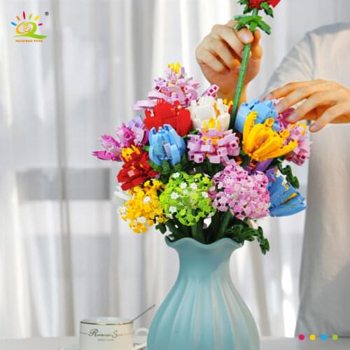 HUIQIBAO Girls MOC Ideas Flowers Bouquet Model Building Blocks City Creative Romantic Rose Home Decoration Garden Toys Children
