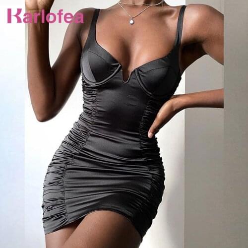 Karlofea New Sexy Satin Nightclub Party Dress Chic Underwire Padded Bodycon Dress Fashion Side Ruched Mini Party Dresses 2020
