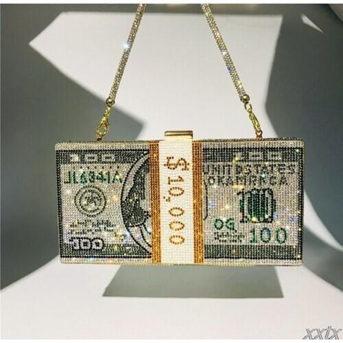 Money Clutch Rhinestone Purse 10000 Dollars Stack of Cash Evening Handbags Shoulder Wedding Dinner Bag 8 Color