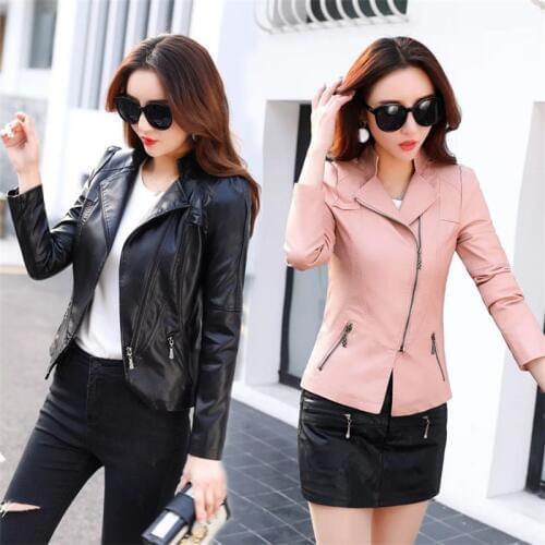 Female New Design Spring Autumn PU Leather Jacket Faux Soft Leather Coat Slim Black Zipper Motorcycle Pink Jackets Womens
