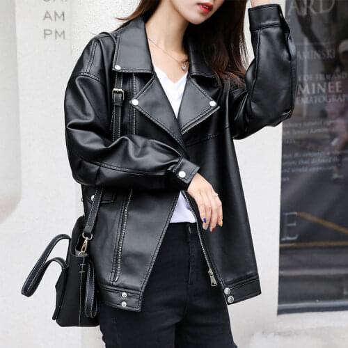 Nic 2021 Autumn PU Leather Coat Retro Women Solid Faux Leather Jacket Female Punk Outwear Ladies Biker Moto Outwear