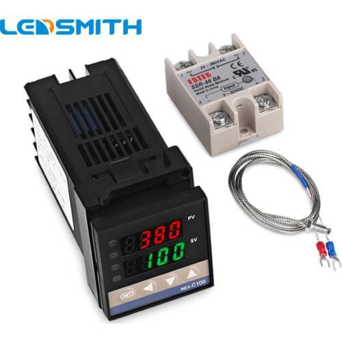 LEDSMITH Digital 220V PID REX-C100 Temperature Thermostat Controller Max.40A SSR, K Thermocouple PID Controller Set Heat Sink