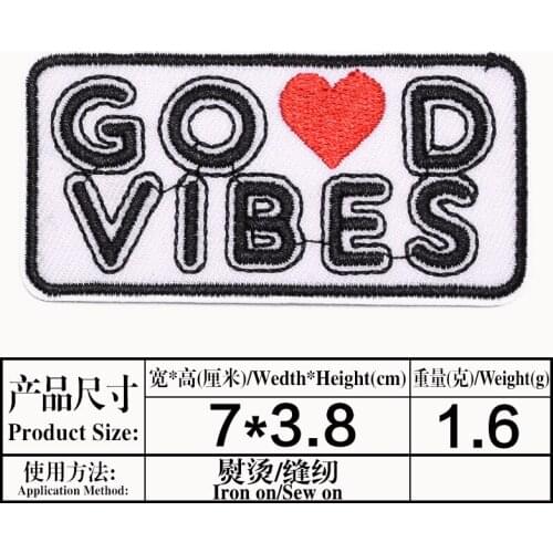 GOOD VIBES Letter Iron On Patches Shirt Shorts Fashion Logo Embroidery Clothing Fashion Badge