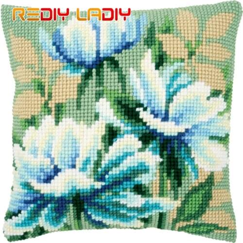 Cross Stitch Cushion Cover White Anemones Pillow Case Pre-Printed Canvas Thick Yarn Cross-stitch Kit Needlepoint Arts and Crafts