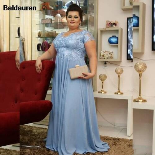 Sky Blue Long Mother of the Bride Dress Plus Size Lace Chiffon Short Sleeve Formal Occasion Evening Gowns Morther of Groom