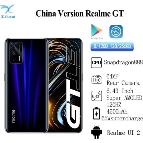 Original realme GT 5G Mobile Phone 8GB 128GB 6.43"120Hz SuperAMOLED Snapdragon 888 Octa Core 65W Fast Charger NFC Android 11