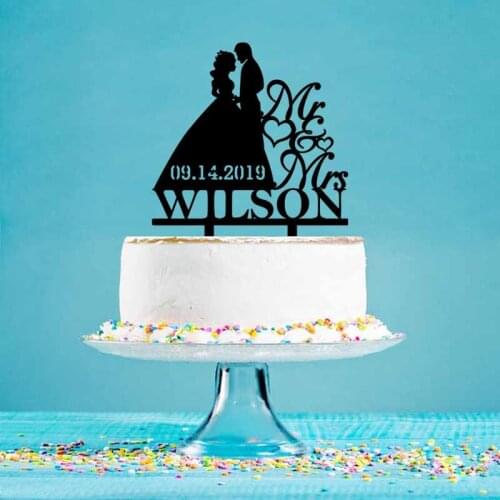 Personalized Mr Mrs Name Wedding Date Bride Groom Silhouettes Cake Topper For Wedding Anniversary Cake Decoration Topper YC097