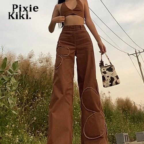 PixieKiki Brown Floral Patchwork Baggy Jeans Streetwear Y2k Trousers Women High Waist Denim Pants Indie Clothes 2021 P84-DF46