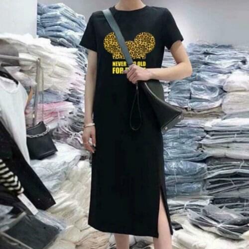 Oneimirry Summer Women Black Dress Leopard Letter O-Neck Short Sleeve Tshirt Dresses Clothes Harajuku Printed Midi Vestidos New