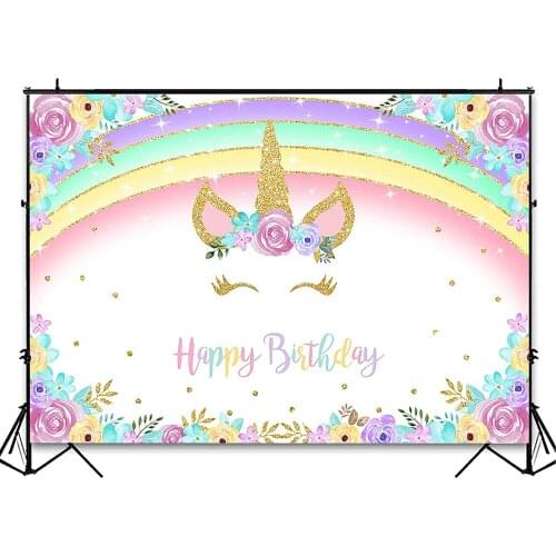 Rainbow unicorn background golden unicorn birthday glitter rainbow flower party photography girl baby birthday party banner