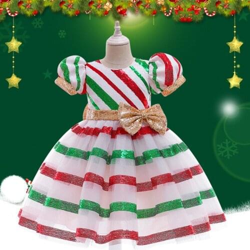 Toddler Princess Girls Christmas Dresses Kids Baby Girls Stripes Sequin Bow Princess Dress Christmas Outfits Clothes 2-10 Years