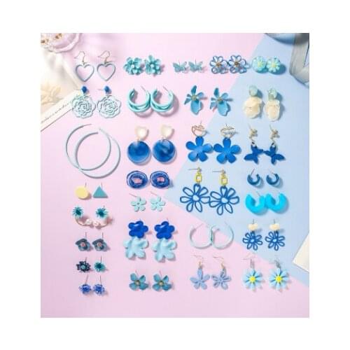 S925 Silver Needle Blue Fresh Earrings Geometry Opal Crystal Pearl Earrings Super Fairy Butterfly Petal Earrings