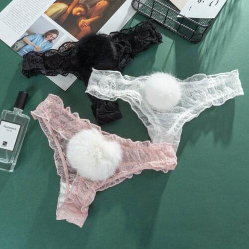 Sexy Lace Panties G-string Cute Rabbit Tail Women Thong Breathable Hollow Out Transparent Ladies Underwear Comfort Low Rise