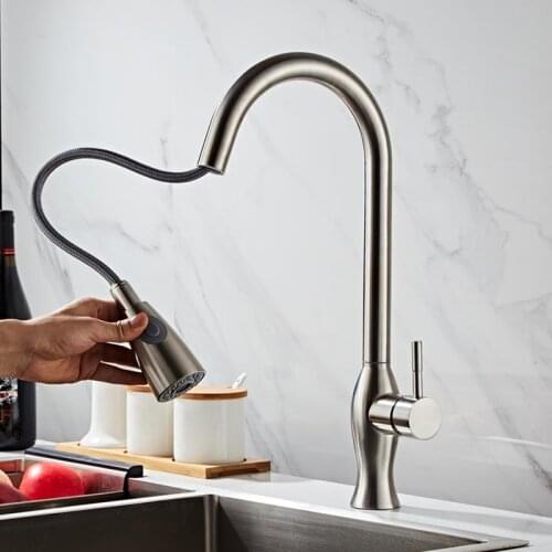 Pull out Swivel Durable Kitchen Faucet Tap Single Hole Brushed Nickel Stream Rotation Mixer Sink Pull Out Handle Sprayer Spray