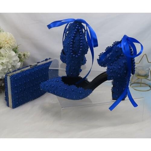 BaoYaFang Royal Blue Flower Strap Bridal wedding shoes Bride Pointed Toe Square Thick High Heel Party dress shoes and bag set