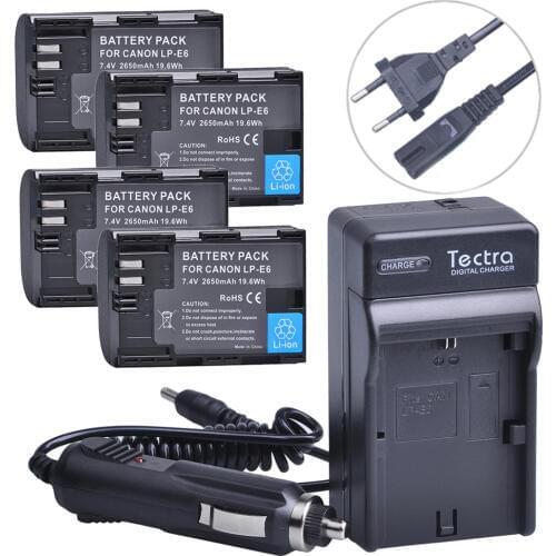 Tectra 4PCS LP-E6 LPE6N 2650mAh/Li-ion Bateria + Digital Wall Charger for Canon DSLR EOS 5D Mark II Mark III 60D 60Da 7D 70D 6D