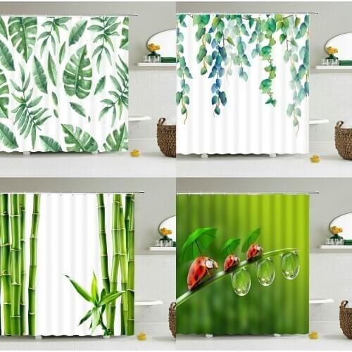Green Plant leaves Shower Curtains Bath Curtain Bathroom 3d Printed Fresh Waterproof Polyester Cloth With Hooks Home Decor Mat