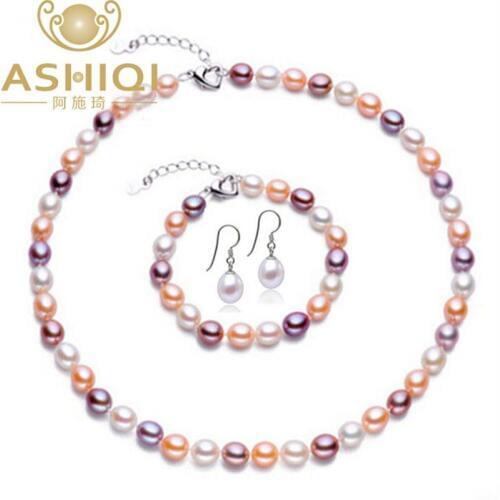 ASHIQI Pearl Jewelry sets 7-8MM Multi Rice Natural Freshwater Pearl Necklace Bracelet Earrings 925 sterling silver jewelry