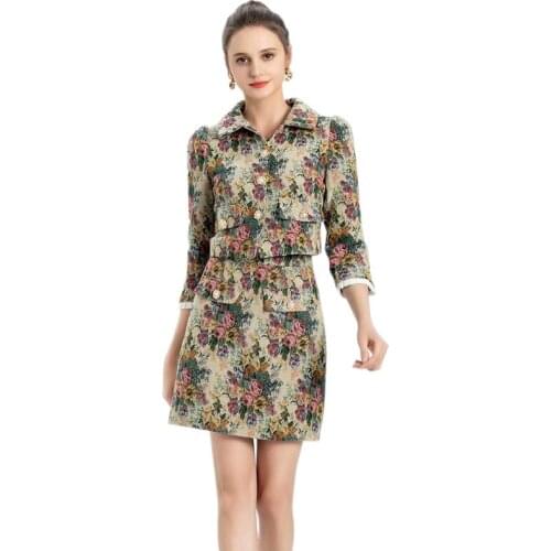 Women Clothing 2Pcs Set Floral Jacket + High Waist A-Line Skirt