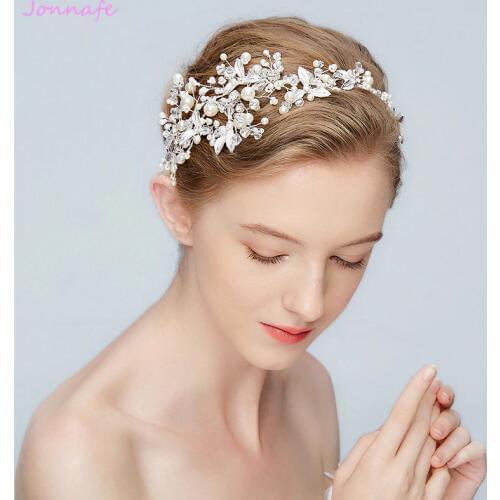 Jonnafe New Silver Color Headband Bridal Tiara Pearls Wedding Hair Crown Accessories Fashion Women Prom Hair Piece Jewelry