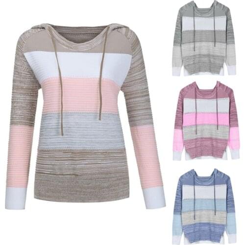 Women Hollow Out Knit Hoodies Sweater Long Sleeve Crew Neck Loose Drawstring Sweatshirt Color Block Striped Jumper Tops