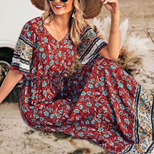 Summer Boho Women Long Dress Floral Pattern Loose Female Ladies V-neck Short Sleeve High Waist Midi Dresses Fashion Lady Vestido