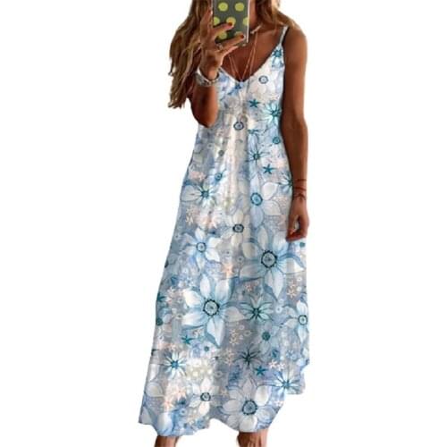 Women Maxi Dress Summer Casual Sleeveless V-neck Printed Red Long Dress Streetwear Ladies Dresses Sexy Backless Clothing Vestido