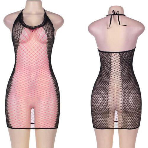 Sexy Women See-through Mesh Halter Chemise Dress Hollow Out Dual Color Bodysuit Teddy Babydoll Lingerie