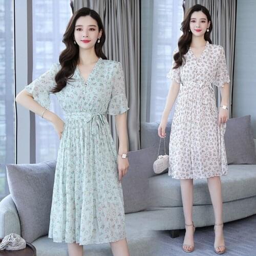 Vestidos Summer Womens 2020 Stitching A-line Dress Women Temperament V-neck Waist Chiffon Printed Short-sleeved Dresses Z971