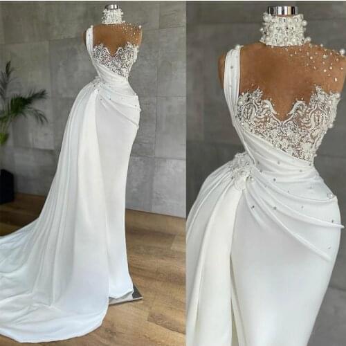 2021 Arabic Aso Ebi Mermaid Evening Dresses High Neck Pearls Vestidos De Fiesta Appliques Peplum Ruched Celebrity Gowns