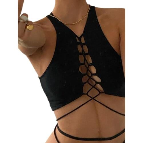 Women’s Fashion Solid Color Vest Camis Female Ladies Sexy V-neck Lace-up Hollow Exposed Navel Sleeveless Tops 2021