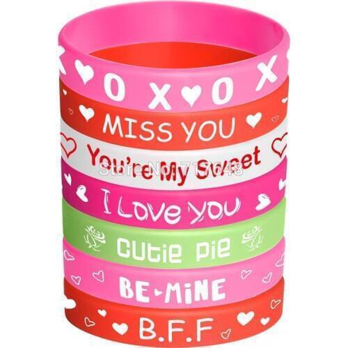 100pcs XOXOXO,BFF,CUTIE PIE, You're My Sweet, I Love You, LOVE and heart wristband silicone bracelets free shipping by epacket A