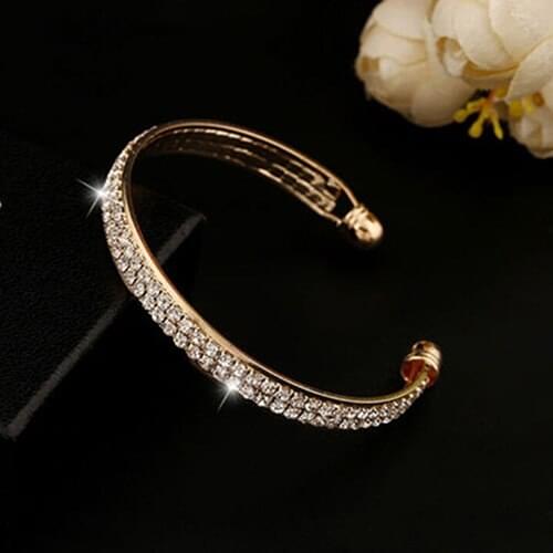 2017 Hot Selling Women 2 Layers Rhinestones Inlaid Cuff Open Bangle Bracelet Fashion Jewelry