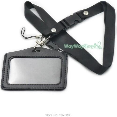 25 Sets Horizontal ID Card Badge Holder Leather + Neck Strap Lanyard for Reel YOYO black