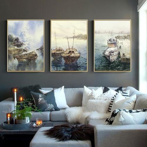 Watercolor Abstract Boats Oil Painting on Canvas Posters and Prints Wall Art Harbor Seascape Pictures for Room Cuadros Decor