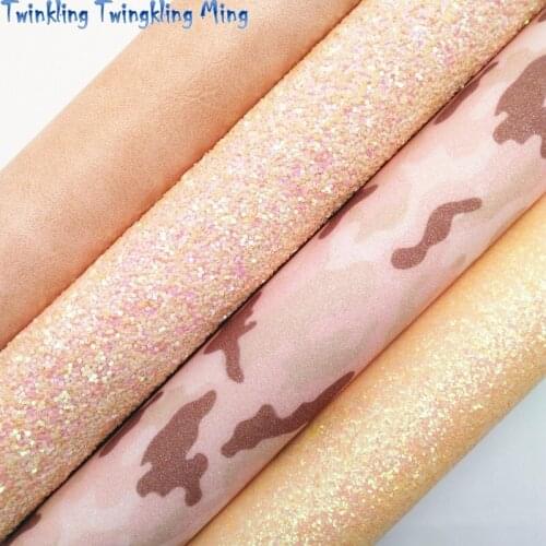 Pink and Beige Glitter leather, Camouflage Printed Synthetic Leather Faux Fabric Sheet For Bow 21x29CM Twinkling Ming KM381