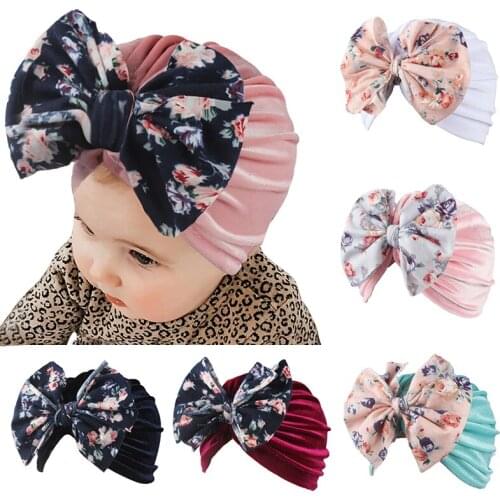 Big Bow Baby Hat Turban Flower Print Soft Velvet Baby Girls Hat Bonnet Spring Autumn Infant Toddler Beanies