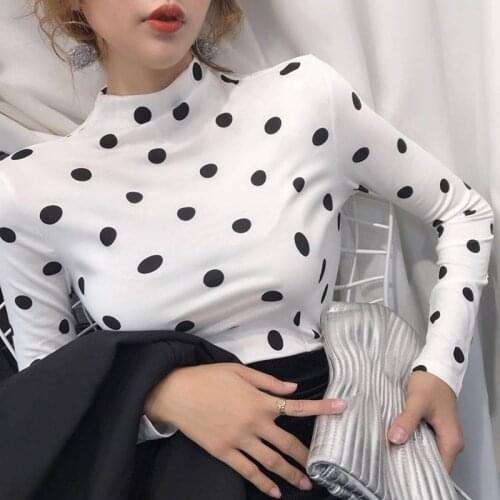 T-shirt Women Long Sleeve Dots Elegant Turtleneck Ladies Crop Top Y2k Soft Slim Sexy All-match Daily Leisure Candy Color Tees