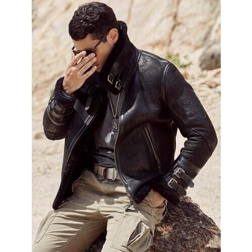 New Shearling Coat Mens B3 Bomber Jacket Black Leather Jacket Short Fur Coat Sheepskin Coat Mens Winter Coats