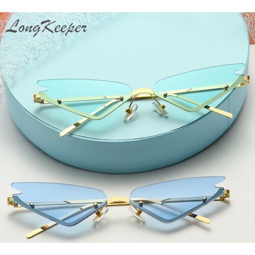 LongKeeper Punk Style Rimless Cat Eye Sunglasses Women Candy Color Metal Vintage Narrow Triangle Sun Glasses oculos feminino