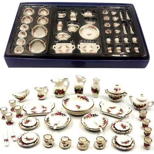 Miniature doll house pink Flower Patten Porcelain Coffee Tea Cups Ceramic Tableware Dollhouse Kitchen Accessories