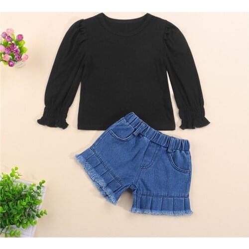 Baby Girls Fashion Summer 2Pcs Clothes Set, Solid Color Long Sleeve Ribbed Pullover Tops and Elastic Waist Denim Shorts 2-7Years