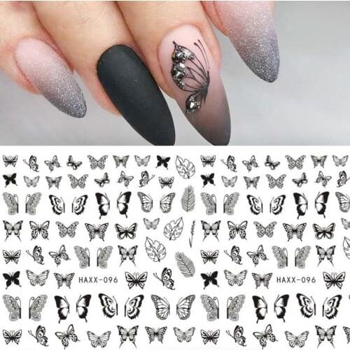 Black Butterfly Nails Stickers Decals White Flower Adhesive Manicure Decorations Design For Nail Art Manicures Decorations Salon