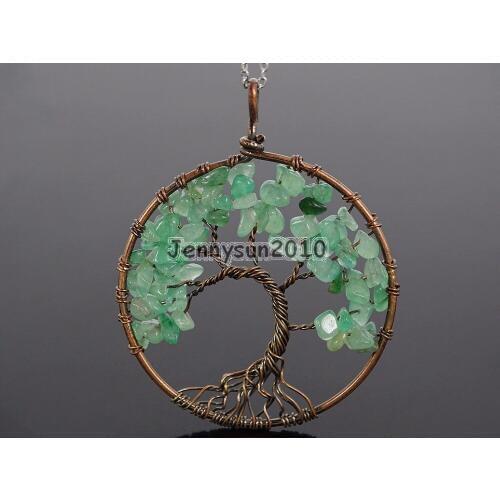 Natural Green Aventurin Gems Stone Reiki Chakra Chip Bead Tree of Life Healing Copper Pendant Necklace Jewelry Making 5Sets/Pack