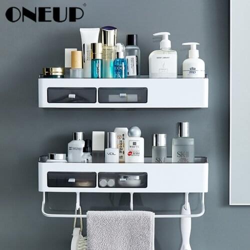 ONEUP Punch-free Bathroom Organizer Rack Aluminum Wall Hanging Towel Holder Shampoo Cosmetic Towel Storage Rack For Bathroom