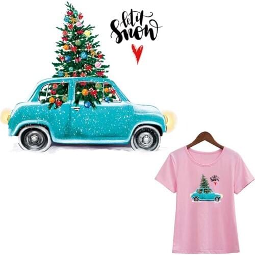 Christmas Car Iron On Transfer Fashion Iron On Heat Transfer Stickers Diy Accessory Clothes Patches Winter