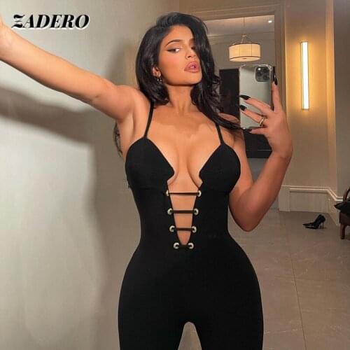 Sexy Black Jumpsuits Clubwear Outfits for Women Spagetti Strap Deep V Neck Hollow Out Bandage Bodycon Fashion One Piece Outfit