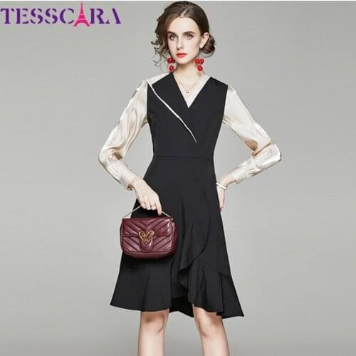 TESSCARA Women Spring Elegant Office Dress Festa High Quality Vintage Cocktail Party Robe Femme Designer Black Trumpet Vestidos