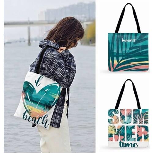 Outdoor Beach Bags Summer Time Art Print Tote Bag For Women Casual Tote Ladies Shoulder Bag Foldable Shopping Bag Women Handbags